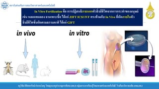 ครูวิชัยลิขิตพรรักษ์ ตาแหน่งครู วิทยฐานะครูชานาญการพิเศษ(คศ.3)กลุ่มสาระการเรียนรู้วิทยาศาสตร์และเทคโนโลยี โรงเรียนวัดราชบพิธ สพม.กท.1
สถาบันส่งเสริมการสอนวิทยาศาสตร์และเทคโนโลยี
In Vitro Fertilization คือ การปฏิสนธิภายนอกตัวสิ่งมีชีวิตจากการกระทาของมนุษย์
เช่น หลอดทดลองจานเพาะเชื้อ ได้แก่ ZIFT ICSI IVF ตรงข้ามกับ In Vivo ที่เกิดภายในตัว
สิ่งมีชีวิตซึ่งเกิดตามธรรมชาติ ได้แก่ GIFT
 