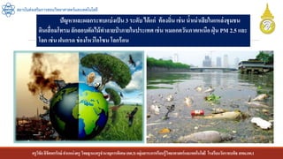 ครูวิชัยลิขิตพรรักษ์ ตาแหน่งครู วิทยฐานะครูชานาญการพิเศษ(คศ.3)กลุ่มสาระการเรียนรู้วิทยาศาสตร์และเทคโนโลยี โรงเรียนวัดราชบพิธ สพม.กท.1
สถาบันส่งเสริมการสอนวิทยาศาสตร์และเทคโนโลยี
ปัญหาและผลกระทบแบ่งเป็น 3 ระดับ ได้แก่ ท้องถิ่น เช่น น้าเน่าเสียในแหล่งชุมชน
ดินเสื่อมโทรม ลักลอบตัดไม้ทาลายป่ าภายในประเทศเช่น หมอกควันภาคเหนือ ฝุ่ น PM 2.5 และ
โลก เช่น ฝนกรด ช่องโหว่โอโซน โลกร้อน
 