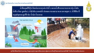 ครูวิชัยลิขิตพรรักษ์ ตาแหน่งครู วิทยฐานะครูชานาญการพิเศษ(คศ.3)กลุ่มสาระการเรียนรู้วิทยาศาสตร์และเทคโนโลยี โรงเรียนวัดราชบพิธ สพม.กท.1
สถาบันส่งเสริมการสอนวิทยาศาสตร์และเทคโนโลยี
น้าที่มนุษย์ใช้ประโยชน์มาจากแหล่ง ดังนี้1.หยาดน้าฟ้าจากบรรยากาศ เช่น น้าฝน
น้าค้าง หิมะ ลูกเห็บ 2. น้าผิวดิน จากแม่น้า ลาคลอง ทะเลสาบ ทะเล มหาสมุทร 3. น้าใต้ดิน ที่
มนุษย์ขุดและสูบใช้ เช่น น้าบ่อ น้าบาดาล
 