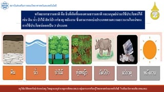 ครูวิชัยลิขิตพรรักษ์ ตาแหน่งครู วิทยฐานะครูชานาญการพิเศษ(คศ.3)กลุ่มสาระการเรียนรู้วิทยาศาสตร์และเทคโนโลยี โรงเรียนวัดราชบพิธ สพม.กท.1
สถาบันส่งเสริมการสอนวิทยาศาสตร์และเทคโนโลยี
ทรัพยากรธรรมชาติ คือ สิ่งที่เกิดขึ้นเองตามธรรมชาติ และมนุษย์นามาใช้ประโยชน์ได้
เช่น ดิน น้า ป่ าไม้ สัตว์ป่ า แร่ธาตุ พลังงาน ซึ่งสามารถแบ่งประเภทตามความยาวนานในแง่ของ
การใช้ประโยชน์ออกเป็น 3 ประเภท
 