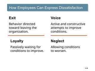 3–24
How Employees Can Express Dissatisfaction
Exit
Behavior directed
toward leaving the
organization.
Voice
Active and constructive
attempts to improve
conditions.
Neglect
Allowing conditions
to worsen.
Loyalty
Passively waiting for
conditions to improve.
 
