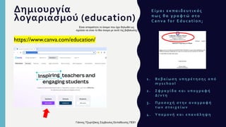 Ε ί μ α ι ε κ π α ι δ ε υ τ ι κ ό ς
π ω ς θ α γ ρ α φ τ ώ σ το
C a n v a f o r E d u c a t i o n ;
https://www.canva.com/education/
1 . Β ε β α ί ω σ η υ π η ρ έ τ η σ η ς α π ό
m y s c h o o l
2 . Σ φ ρ α γ ί δ α κ α ι υ π ο γ ρ α φ ή
Δ / ν τ η
3 . Π ρ ο σ ο χ ή σ τ η ν α ν α γ ρ α φ ή
τ ω ν σ τ ο ι χ ε ί ω ν
4 . Y π ο μ ο ν ή κ α ι ε π α ν ά λ η ψ η
Δημιουργία
λογαριασμού (education)
Γιάννης Τζωρτζάκης Σύμβουλος Εκπαίδευσης ΠΕ81
Είναι απαραίτητο το όνομα που έχει δηλωθεί ως
σχολείο να είναι το ίδιο όνομα με αυτό της βεβαίωσης
 