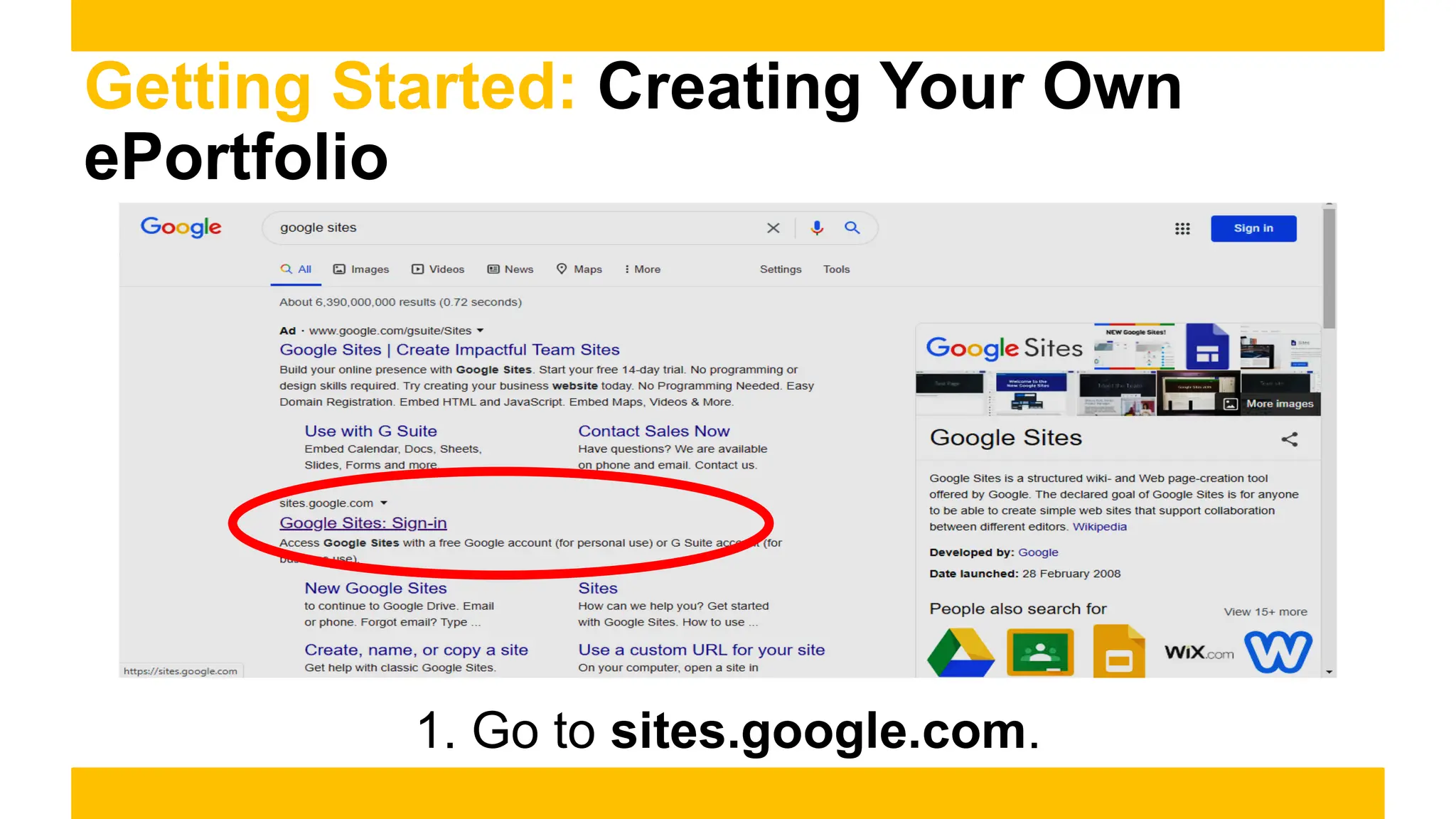 Getting Started: Creating Your Own
ePortfolio
1. Go to sites.google.com.
 