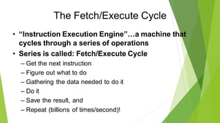 The Fetch/Execute Cycle
• “Instruction Execution Engine”…a machine that
cycles through a series of operations
• Series is called: Fetch/Execute Cycle
– Get the next instruction
– Figure out what to do
– Gathering the data needed to do it
– Do it
– Save the result, and
– Repeat (billions of times/second)!
 