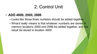 2. Control Unit
• ADD 4000, 2000, 2080
– Looks like those three numbers should be added together
– What it really means is that whatever numbers are stored in
memory locations 2000 and 2080 be added together, and the
result be stored in location 4000
 