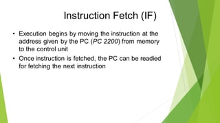Instruction Fetch (IF)
• Execution begins by moving the instruction at the
address given by the PC (PC 2200) from memory
to the control unit
• Once instruction is fetched, the PC can be readied
for fetching the next instruction
 