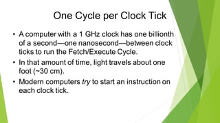 One Cycle per Clock Tick
• A computer with a 1 GHz clock has one billionth
of a second—one nanosecond—between clock
ticks to run the Fetch/Execute Cycle.
• In that amount of time, light travels about one
foot (~30 cm).
• Modern computers try to start an instruction on
each clock tick.
 