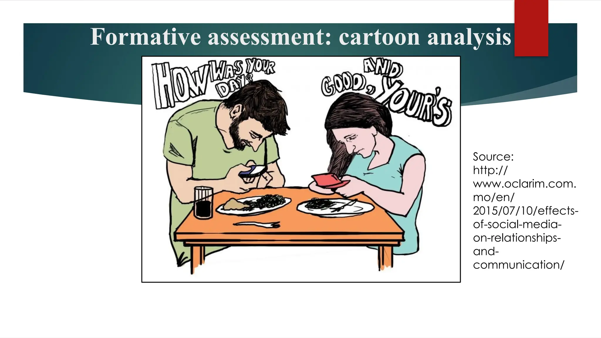 Formative assessment: cartoon analysis
Source:
http://
www.oclarim.com.
mo/en/
2015/07/10/effects-
of-social-media-
on-relationships-
and-
communication/
 