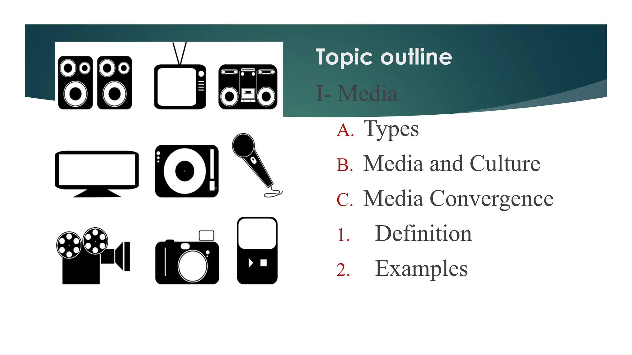 Topic outline
I- Media
A. Types
B. Media and Culture
C. Media Convergence
1. Definition
2. Examples
 