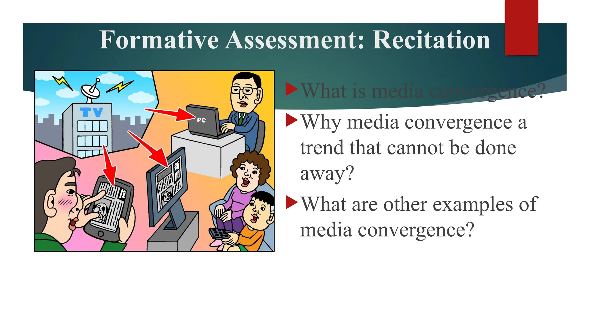 Formative Assessment: Recitation
What is media convergence?
Why media convergence a
trend that cannot be done
away?
What are other examples of
media convergence?
 