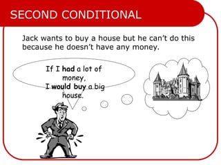 Jack wants to buy a house but he can’t do this
because he doesn’t have any money.
If I had a lot of
money,
I would buy a big
house.
SECOND CONDITIONAL
 