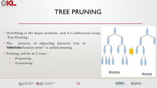 TREE PRUNING
• Overfitting is the major problem, and it is addressed using
Tree Pruning.
51
• The process of adju s ting decision tree to
minimize
“misclassification error” is called pruning.
• Pruning cab be in 2 ways
• Prepruning
• Postpruning
 