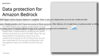 MICROSOFT
Data protection for
Amazon Bedrock
AWS Region where Amazon Bedrock is available, there is one such deployment account per model provider.
team. Model providers don't have any access to those accounts. After delivery of a model from a model provider to AWS, A
on't have access to Amazon Bedrock logs or to customer prompts and completions.
The AWS shared responsibility model applies to data
protection in Amazon Bedrock. As described in this
model, AWS is responsible for protecting the global
infrastructure that runs all of the AWS Cloud. You are
responsible for maintaining control over your
content that is hosted on this infrastructure. You are
also responsible for the security configuration and
management tasks for the AWS services that you
use. .
© 2024 Logicalis 11
 