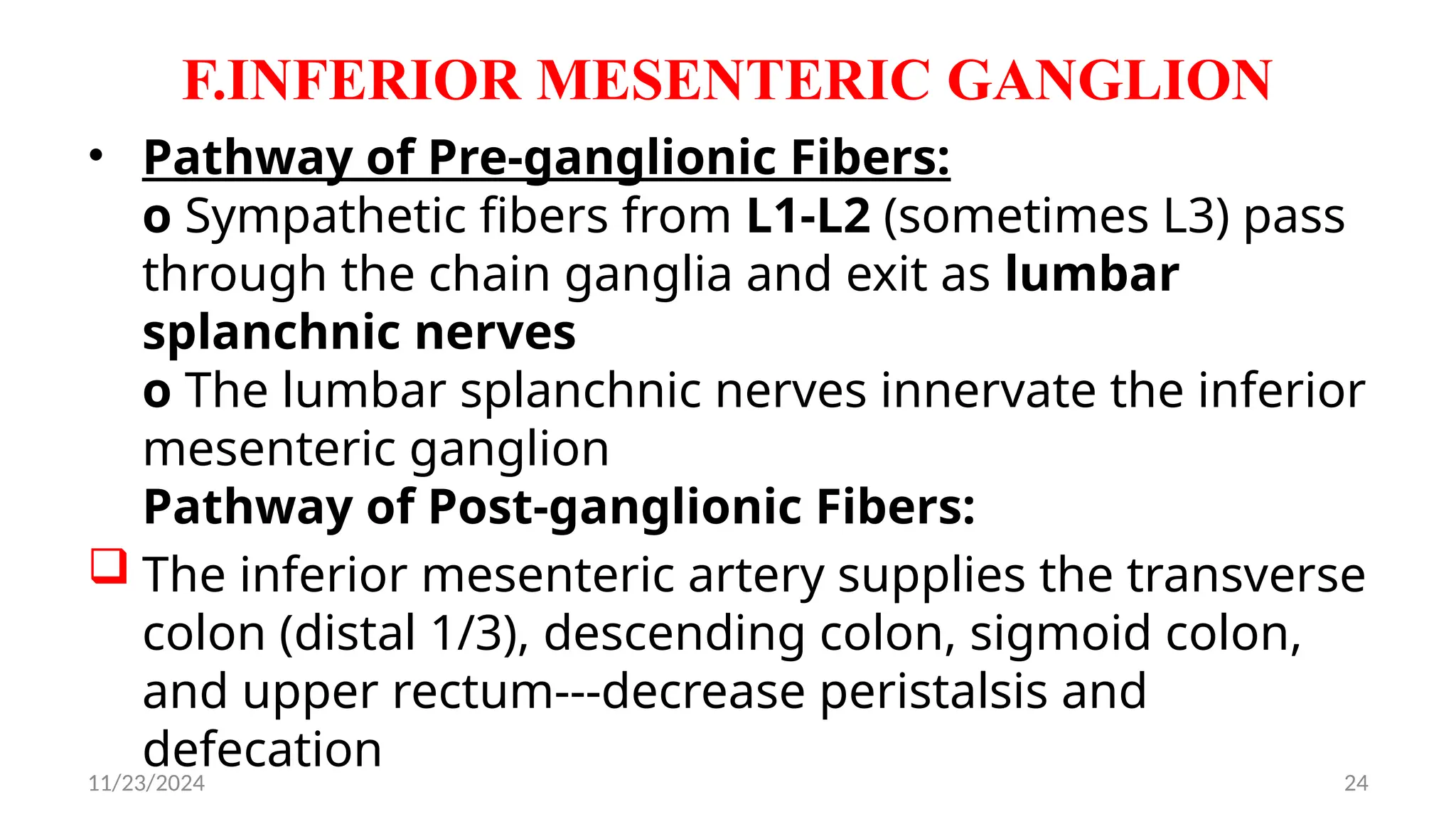 11/23/2024 24
F.INFERIOR MESENTERIC GANGLION
• Pathway of Pre-ganglionic Fibers:
o Sympathetic fibers from L1-L2 (sometimes L3) pass
through the chain ganglia and exit as lumbar
splanchnic nerves
o The lumbar splanchnic nerves innervate the inferior
mesenteric ganglion
Pathway of Post-ganglionic Fibers:
 The inferior mesenteric artery supplies the transverse
colon (distal 1/3), descending colon, sigmoid colon,
and upper rectum---decrease peristalsis and
defecation
 