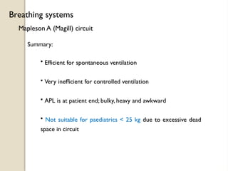 Mapleson A (Magill) circuit
Breathing systems
Summary:
• Efficient for spontaneous ventilation
• Very inefficient for controlled ventilation
• APL is at patient end; bulky, heavy and awkward
• Not suitable for paediatrics < 25 kg due to excessive dead
space in circuit
 