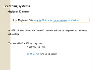 Mapleson D circuit
Breathing systems
So, a Mapleson D is very inefficient for spontaneous ventilation
A FGF of two times the patient’s minute volume is required to minimise
rebreathing
This would be 2 x 100 mL / kg / min
= 200 mL / kg / min
or 14 L / min for a 70 kg patient
 
