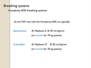 Humphrey ADE breathing systems
Breathing systems
So, the FGF rate with the Humphrey ADE are typically;
Spontaneous  Mapleson A  85 mL/kg/min
(or 6 L/min for 70 kg patient)
Controlled  Mapleson D  85 mL/kg/min
(or 6 L/min for 70 kg patient)
 