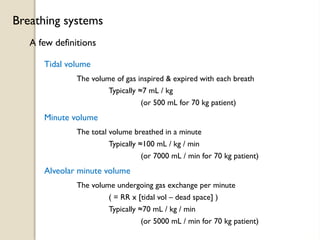 A few definitions
Breathing systems
Tidal volume
Minute volume
The volume of gas inspired & expired with each breath
Typically ≈7 mL / kg
(or 500 mL for 70 kg patient)
The total volume breathed in a minute
Typically ≈100 mL / kg / min
(or 7000 mL / min for 70 kg patient)
Alveolar minute volume
The volume undergoing gas exchange per minute
( = RR x [tidal vol – dead space] )
Typically ≈70 mL / kg / min
(or 5000 mL / min for 70 kg patient)
 