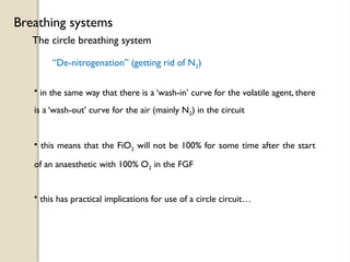 The circle breathing system
Breathing systems
“De-nitrogenation” (getting rid of N2)
• in the same way that there is a ‘wash-in’ curve for the volatile agent, there
is a ‘wash-out’ curve for the air (mainly N2) in the circuit
• this means that the FiO2 will not be 100% for some time after the start
of an anaesthetic with 100% O2 in the FGF
• this has practical implications for use of a circle circuit…
 