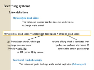 A few definitions
Breathing systems
Physiological dead space
The volume of inspired gas that does not undergo gas
exchange in the alveoli
Physiological dead space = anatomical dead space + alveolar dead space
Functional residual capacity
The volume of gas in the lungs at the end of expiration (Advantages ?)
volume of lung which is ventilated with
gas but not perfused with blood 
cannot take part in gas exchange
gas from upper airways, where gas
exchange does not occur
Typically ≈2 mL / kg
or 140 mL for 70 kg patient
 