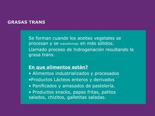 GRASAS TRANS
GRASAS TRANS
Se forman cuando los aceites vegetales se
procesan y se transforman en más sólidos.
Llamado proceso de hidrogenación resultando la
grasa trans.
En que alimentos están?
• Alimentos industrializados y procesados
•Productos Lácteos enteros y derivados
• Panificados y amasados de pastelería.
• Productos snacks, papas fritas, palitos
salados, chizitos, galletitas saladas.
 