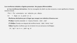 Los morfemas trabados o ligados presentan dos grupos diferenciables:
a) Los morfemas derivativos.- Son los encargados de añadir una idea accesoria, o matiz significativo al lexema
(Lexema lexical)
/ Pre/ = Pre -universitario, pre -selección, pre -dilecto.
/er/ = Zapat -er -o, panad -er -o.
Morfemas derivativos por el lugar que ocupan con relación al lexema son:
Prefijos: Cuando anteceden al lexema: /Contra/ , /anti/ , /sub/
(*) Sufijos: Cuando van después del morfema lexical: /able/ , /ísimo/ /ano/
Infijos: Aquellos morfemas que van el interior de una estructura morfológica:
/it/ , /eg/ = cas –it –a ; pedr –eg -al
 
