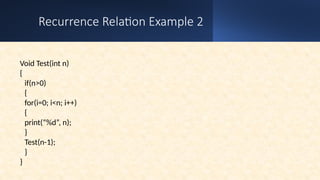 Recurrence Relation Example 2
Void Test(int n)
{
if(n>0)
{
for(i=0; i<n; i++)
{
print(“%d”, n);
}
Test(n-1);
}
}
 