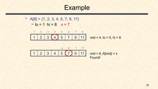 29
Example
• A[8] = {1, 2, 3, 4, 5, 7, 9, 11}
– lo = 1 hi = 8 x = 7
mid = 4, lo = 5, hi = 8
mid = 6, A[mid] = x
Found!
11
9
7
5
4
3
2
1
11
9
7
5
4
3
2
1
1 2 3 4 5 6 7 8
8
7
6
5
 