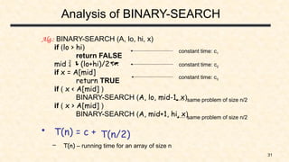 31
Analysis of BINARY-SEARCH
Alg.: BINARY-SEARCH (A, lo, hi, x)
if (lo > hi)
return FALSE
mid  (lo+hi)/2
if x = A[mid]
return TRUE
if ( x < A[mid] )
BINARY-SEARCH (A, lo, mid-1, x)
if ( x > A[mid] )
BINARY-SEARCH (A, mid+1, hi, x)
• T(n) = c +
– T(n) – running time for an array of size n
constant time: c2
same problem of size n/2
same problem of size n/2
constant time: c1
constant time: c3
T(n/2)
 
