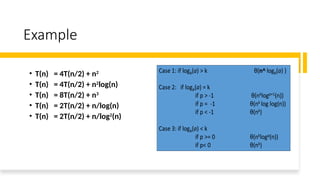 Example
• T(n) = 4T(n/2) + n2
• T(n) = 4T(n/2) + n2
log(n)
• T(n) = 8T(n/2) + n3
• T(n) = 2T(n/2) + n/log(n)
• T(n) = 2T(n/2) + n/log2
(n)
 