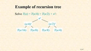 L2.47
Example of recursion tree
Solve T(n) = T(n/4) + T(n/2) + n2
:
n2
(n/4)2 (n/2)2
T(n/16) T(n/8) T(n/8) T(n/4)
 