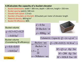 4.0Calculate the capacity of a bucket elevator
• Bucket dimensions: width = 300 mm, depth = 200 mm, height = 250 mm
• Bucket spacing (pitch): 500 mm
• Elevator belt speed: 1.5 m/s
• Number of buckets on the belt: 20 buckets per meter of elevator length
• Material density: 800 kg/m³
• Bucket fill efficiency: 80%
Bucket volume
3
0.3 0.2 0.25
0.015
q
m
  

Bucket volume
(Considering fill efficiency)
3
0.8 0.015
0.012
q
m
 

3
0.5
20 /
800 /
d m
Buckets m
kg m



3
( ) /
Volumetric Capacity Q n q m s
 
3
(30 0.012) =0.36 /
Q m s
 
/sec
v=
/
1.5
20
30 / sec
Buckets
Buckets m
n
n Bukets


/
M Q Kg Sec

 
288 /
M Kg Sec

1036.8 /
M Ton Hr

D P Bhaskar
 