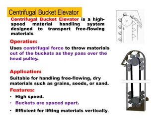 Operation:
Uses centrifugal force to throw materials
out of the buckets as they pass over the
head pulley.
Application:
Suitable for handling free-flowing, dry
materials such as grains, seeds, or sand.
Features:
• High speed.
• Buckets are spaced apart.
• Efficient for lifting materials vertically.
Centrifugal Bucket Elevator is a high-
speed material handling system
designed to transport free-flowing
materials
Centrifugal Bucket Elevator
 