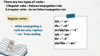 There are two types of verbs :
Regular vebs - follows konjugation rule
1.
Irregular verbs - do not follow konjugation rule
2.
Regular verbs :
ich - ‘ -e ’
du - ‘ -st ’
er/sie/es - ‘ -t ’
wir - ‘ -en ’
ihr - ‘ -t’
sie/Sie - ‘ -en ’
while conjugating a
verb we only replace
‘ -en ’ from ending
 