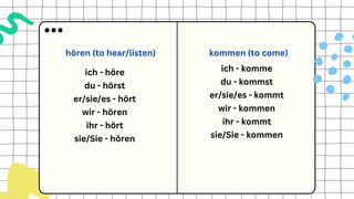ich - komme
du - kommst
er/sie/es - kommt
wir - kommen
ihr - kommt
sie/Sie - kommen
ich - höre
du - hörst
er/sie/es - hört
wir - hören
ihr - hört
sie/Sie - hören
hören (to hear/listen) kommen (to come)
 