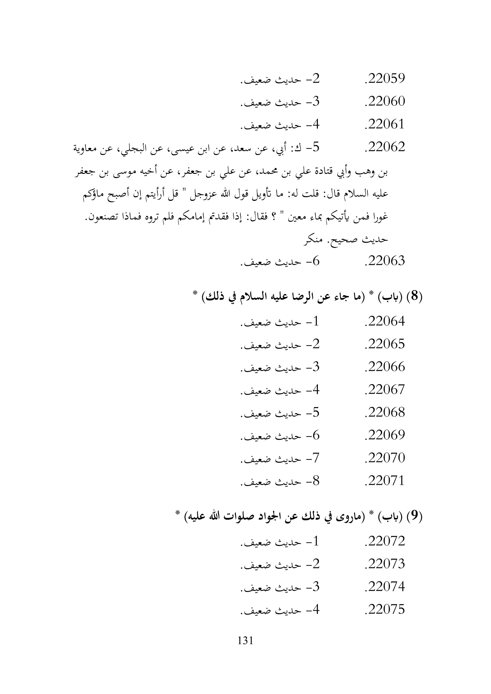 131
22059
.
2
-
.‫ضعيف‬ ‫حديث‬
22060
.
3
-
.‫ضعيف‬ ‫حديث‬
22061
.
4
-
.‫ضعيف‬ ‫حديث‬
22062
.
5
-
‫عن‬ ،‫عيسى‬ ‫ابن‬ ‫عن‬ ،‫سعد‬ ‫عن‬ ،‫أيب‬ :‫ك‬
‫معاوية‬ ‫عن‬ ،‫البجلي‬
‫جعفر‬ ‫بن‬ ‫موسى‬ ‫أخيه‬ ‫عن‬ ،‫جعفر‬ ‫بن‬ ‫علي‬ ‫عن‬ ،‫حممد‬ ‫بن‬ ‫علي‬ ‫قتادة‬ ‫أيب‬‫و‬ ‫وهب‬ ‫بن‬
‫كم‬
‫ماؤ‬ ‫أصبح‬ ‫إن‬ ‫أيتم‬‫ر‬‫أ‬ ‫قل‬ " ‫عزوجل‬ ‫هللا‬ ‫قول‬ ‫أتويل‬ ‫ما‬ :‫له‬ ‫قلت‬ :‫قال‬ ‫السالم‬ ‫عليه‬
.‫تصنعون‬ ‫فماذا‬ ‫تروه‬ ‫فلم‬ ‫إمامكم‬ ‫فقدمت‬ ‫إذا‬ :‫فقال‬ ‫؟‬ " ‫معني‬ ‫مباء‬ ‫أيتيكم‬ ‫فمن‬ ‫ا‬‫ر‬‫غو‬
‫منكر‬ .‫صحيح‬ ‫حديث‬
22063
.
6
-
.‫ضعيف‬ ‫حديث‬
(
8
* )‫ذلك‬ ‫يف‬ ‫السالم‬ ‫عليه‬ ‫الرضا‬ ‫عن‬ ‫جاء‬ ‫(ما‬ * )‫(ابب‬ )
22064
.
1
-
.‫ضعيف‬ ‫حديث‬
22065
.
2
-
.‫ضعيف‬ ‫حديث‬
22066
.
3
-
.‫ضعيف‬ ‫حديث‬
22067
.
4
-
.‫ضعيف‬ ‫حديث‬
22068
.
5
-
.‫ضعيف‬ ‫حديث‬
22069
.
6
-
.‫ضعيف‬ ‫حديث‬
22070
.
7
-
.‫ضعيف‬ ‫حديث‬
22071
.
8
-
.‫ضعيف‬ ‫حديث‬
(
9
* )‫عليه‬ ‫هللا‬ ‫صلوات‬ ‫اجلواد‬ ‫عن‬ ‫ذلك‬ ‫يف‬ ‫(ماروى‬ * )‫(ابب‬ )
22072
.
1
-
.‫ضعيف‬ ‫حديث‬
22073
.
2
-
.‫ضعيف‬ ‫حديث‬
22074
.
3
-
.‫ضعيف‬ ‫حديث‬
22075
.
4
-
.‫ضعيف‬ ‫حديث‬
 