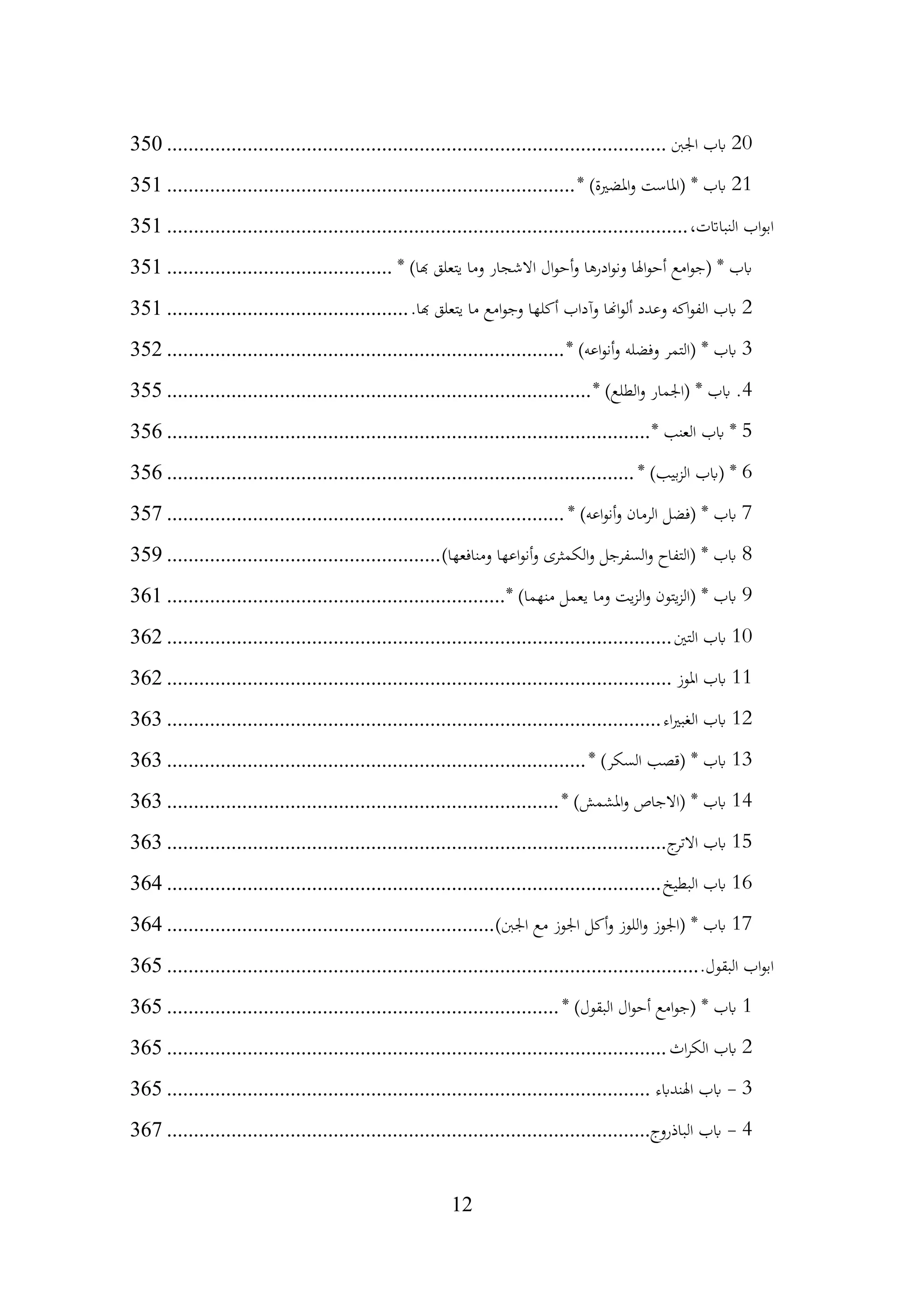 12
20
‫اجلب‬ ‫ابب‬
................................
................................
.............................
350
21
* )‫املضرية‬‫و‬ ‫(املاست‬ * ‫ابب‬
................................
................................
............
351
،‫النبااتت‬ ‫اب‬‫و‬‫اب‬
................................
................................
................................
.
351
* )‫هبا‬ ‫يتعلق‬ ‫وما‬ ‫االشجار‬ ‫ال‬‫و‬‫أح‬‫و‬ ‫ادرها‬‫و‬‫ون‬ ‫اهلا‬‫و‬‫أح‬ ‫امع‬‫و‬‫(ج‬ * ‫ابب‬
................................
..........
351
2
.‫هبا‬ ‫يتعلق‬ ‫ما‬ ‫امع‬‫و‬‫وج‬ ‫أكلها‬ ‫وآداب‬ ‫اهنا‬‫و‬‫أل‬ ‫وعدد‬ ‫اكه‬‫و‬‫الف‬ ‫ابب‬
................................
.............
351
3
* )‫اعه‬‫و‬‫أن‬‫و‬ ‫وفضله‬ ‫(التمر‬ * ‫ابب‬
................................
................................
..........
352
4
* )‫الطلع‬‫و‬ ‫(اجلمار‬ * ‫ابب‬ .
................................
................................
...............
355
5
* ‫العنب‬ ‫ابب‬ *
................................
................................
..........................
356
6
* )‫بيب‬‫ز‬‫ال‬ ‫(ابب‬ *
................................
................................
.......................
356
7
* )‫اعه‬‫و‬‫أن‬‫و‬ ‫الرمان‬ ‫(فضل‬ * ‫ابب‬
................................
................................
..........
357
8
)‫ومنافعها‬ ‫اعها‬‫و‬‫أن‬‫و‬ ‫الكمثرى‬‫و‬ ‫السفرجل‬‫و‬ ‫(التفاح‬ * ‫ابب‬
................................
...................
359
9
* )‫منهما‬ ‫يعمل‬ ‫وما‬ ‫يت‬‫ز‬‫ال‬‫و‬ ‫يتون‬‫ز‬‫(ال‬ * ‫ابب‬
................................
...............................
361
10
‫التني‬ ‫ابب‬
................................
................................
..............................
362
11
‫املوز‬ ‫ابب‬
................................
................................
..............................
362
12
‫اء‬‫ري‬‫الغب‬ ‫ابب‬
................................
................................
............................
363
13
* )‫السكر‬ ‫(قصب‬ * ‫ابب‬
................................
................................
..............
363
14
* )‫املشمش‬‫و‬ ‫(االجاص‬ * ‫ابب‬
................................
................................
.........
363
15
‫ج‬
‫االتر‬ ‫ابب‬
................................
................................
.............................
363
16
‫البطيخ‬ ‫ابب‬
................................
................................
............................
364
17
)‫اجلب‬ ‫مع‬ ‫اجلوز‬ ‫أكل‬‫و‬ ‫اللوز‬‫و‬ ‫(اجلوز‬ * ‫ابب‬
................................
.............................
364
.‫البقول‬ ‫اب‬‫و‬‫اب‬
................................
................................
................................
...
365
1
* )‫البقول‬ ‫ال‬‫و‬‫أح‬ ‫امع‬‫و‬‫(ج‬ * ‫ابب‬
................................
................................
.........
365
2
‫اث‬‫ر‬‫الك‬ ‫ابب‬
................................
................................
.............................
365
3
-
‫اهلندابء‬ ‫ابب‬
................................
................................
..........................
365
4
-
‫الباذروج‬ ‫ابب‬
................................
................................
..........................
367
 