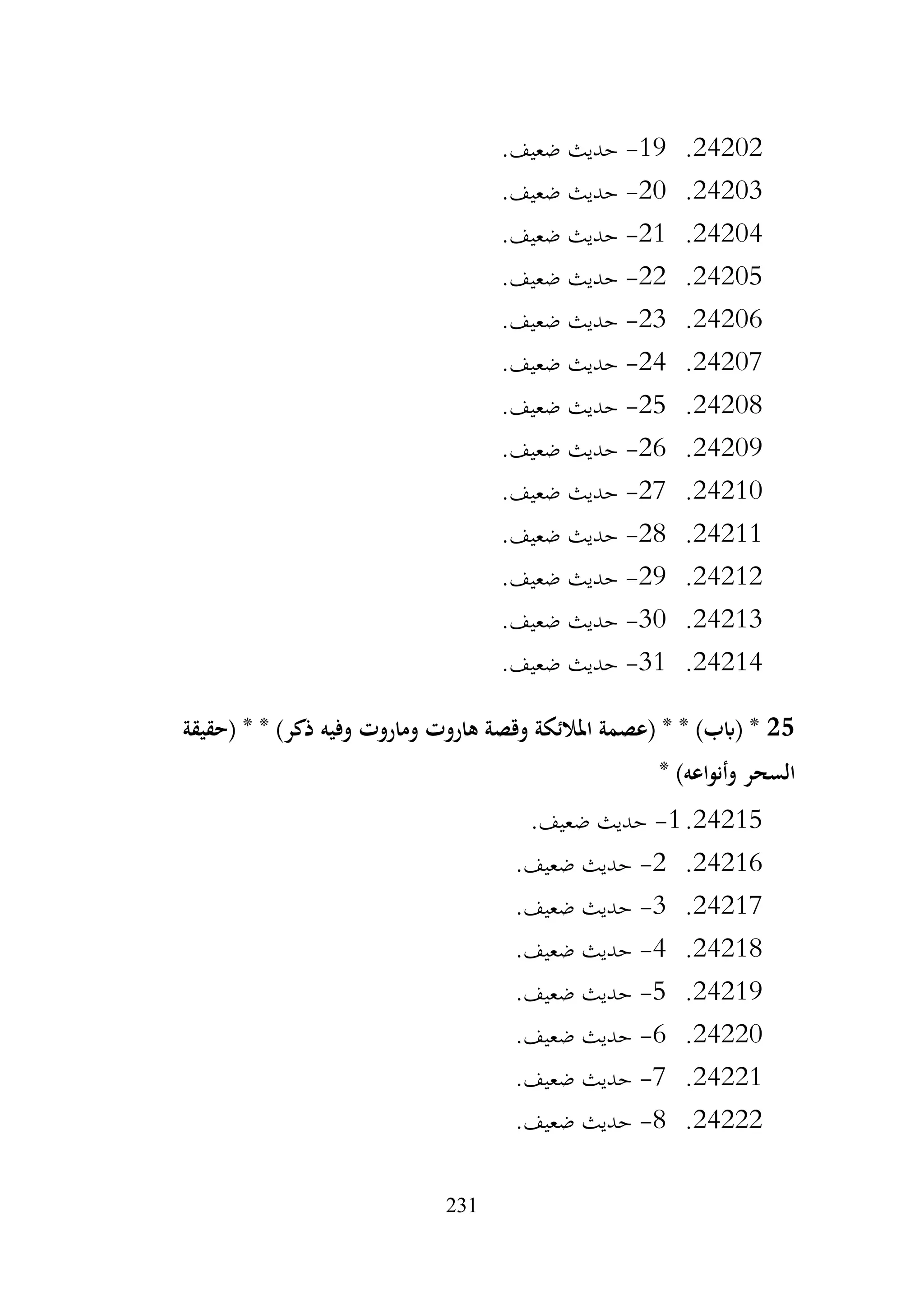 231
24202
.
19
-
.‫ضعيف‬ ‫حديث‬
24203
.
20
-
.‫ضعيف‬ ‫حديث‬
24204
.
21
-
.‫ضعيف‬ ‫حديث‬
24205
.
22
-
.‫ضعيف‬ ‫حديث‬
24206
.
23
-
.‫ضعيف‬ ‫حديث‬
24207
.
24
-
.‫ضعيف‬ ‫حديث‬
24208
.
25
-
.‫ضعيف‬ ‫حديث‬
24209
.
26
-
.‫ضعيف‬ ‫حديث‬
24210
.
27
-
.‫ضعيف‬ ‫حديث‬
24211
.
28
-
.‫ضعيف‬ ‫حديث‬
24212
.
29
-
.‫ضعيف‬ ‫حديث‬
24213
.
30
-
.‫ضعيف‬ ‫حديث‬
24214
.
31
-
.‫ضعيف‬ ‫حديث‬
25
‫(حقيقة‬ * * )‫ذكر‬ ‫وفيه‬ ‫وماروت‬ ‫هاروت‬ ‫وقصة‬ ‫املالئكة‬ ‫(عصمة‬ * * )‫(ابب‬ *
* )‫وأنواعه‬ ‫السحر‬
24215
.
1
-
.‫ضعيف‬ ‫حديث‬
24216
.
2
-
.‫ضعيف‬ ‫حديث‬
24217
.
3
-
.‫ضعيف‬ ‫حديث‬
24218
.
4
-
.‫ضعيف‬ ‫حديث‬
24219
.
5
-
.‫ضعيف‬ ‫حديث‬
24220
.
6
-
.‫ضعيف‬ ‫حديث‬
24221
.
7
-
.‫ضعيف‬ ‫حديث‬
24222
.
8
-
.‫ضعيف‬ ‫حديث‬
 