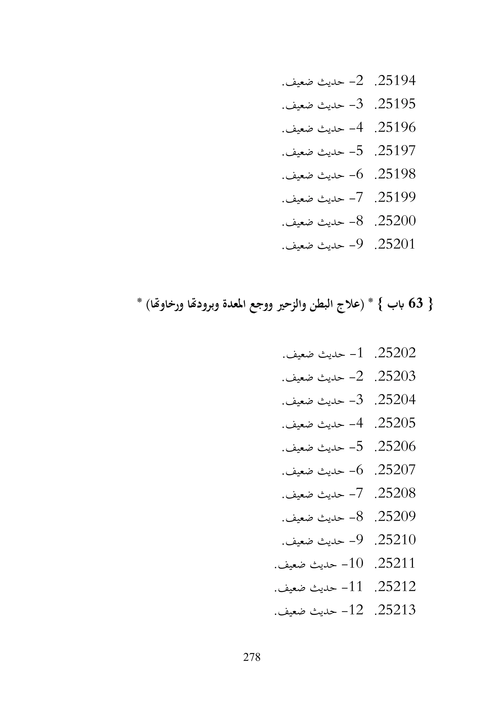 278
25194
.
2
-
.‫ضعيف‬ ‫حديث‬
25195
.
3
-
.‫ضعيف‬ ‫حديث‬
25196
.
4
-
.‫ضعيف‬ ‫حديث‬
25197
.
5
-
.‫ضعيف‬ ‫حديث‬
25198
.
6
-
.‫ضعيف‬ ‫حديث‬
25199
.
7
-
.‫ضعيف‬ ‫حديث‬
25200
.
8
-
.‫ضعيف‬ ‫حديث‬
25201
.
9
-
.‫ضعيف‬ ‫حديث‬
{
63
* )‫ورخاوهتا‬ ‫وبرودهتا‬ ‫املعدة‬ ‫ووجع‬ ‫والزحري‬ ‫البطن‬ ‫(عالج‬ * } ‫ابب‬
25202
.
1
-
.‫ضعيف‬ ‫حديث‬
25203
.
2
-
.‫ضعيف‬ ‫حديث‬
25204
.
3
-
.‫ضعيف‬ ‫حديث‬
25205
.
4
-
.‫ضعيف‬ ‫حديث‬
25206
.
5
-
.‫ضعيف‬ ‫حديث‬
25207
.
6
-
.‫ضعيف‬ ‫حديث‬
25208
.
7
-
.‫ضعيف‬ ‫حديث‬
25209
.
8
-
.‫ضعيف‬ ‫حديث‬
25210
.
9
-
.‫ضعيف‬ ‫حديث‬
25211
.
10
-
.‫ضعيف‬ ‫حديث‬
25212
.
11
-
.‫ضعيف‬ ‫حديث‬
25213
.
12
-
.‫ضعيف‬ ‫حديث‬
 