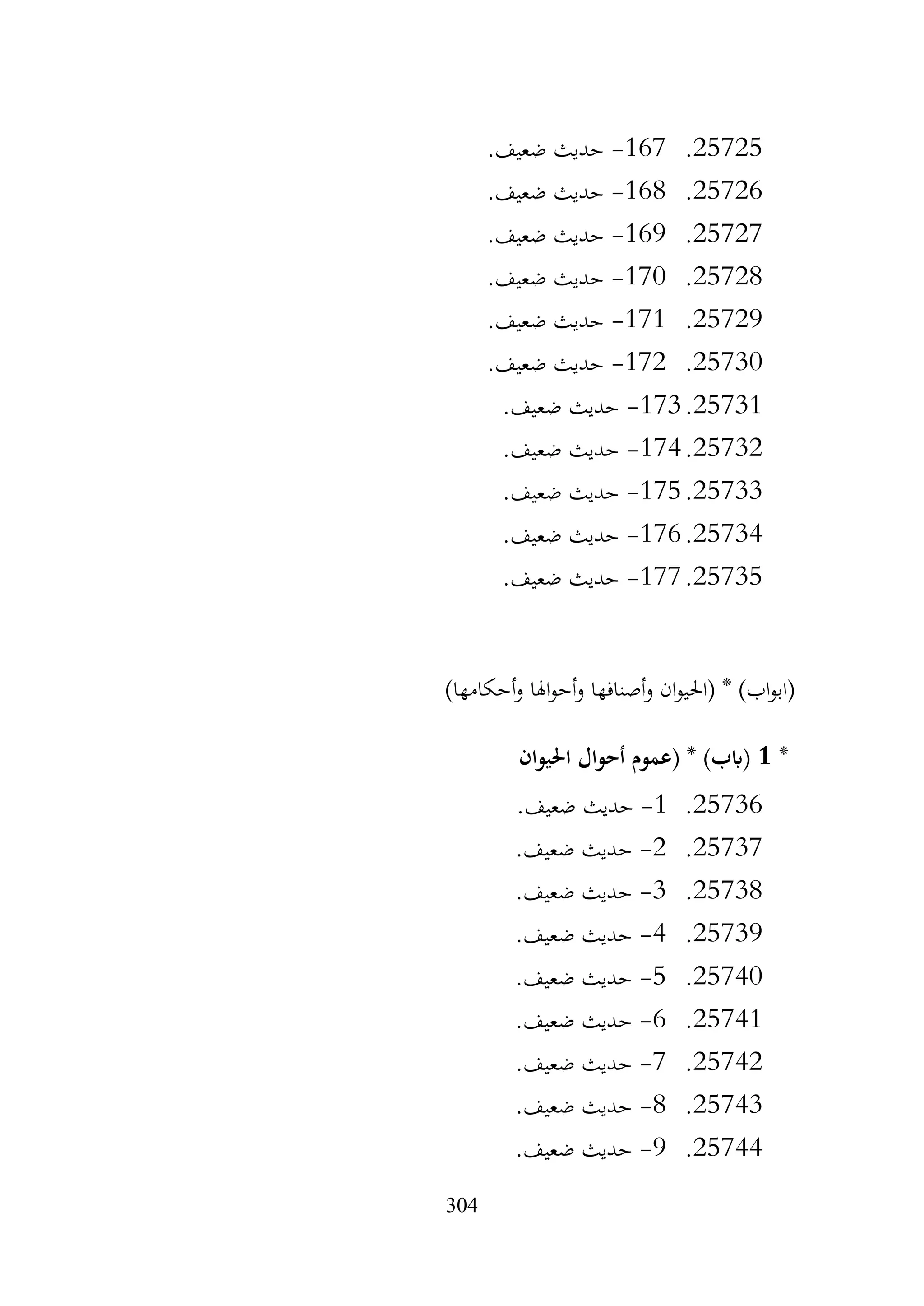 304
25725
.
167
-
.‫ضعيف‬ ‫حديث‬
25726
.
168
-
.‫ضعيف‬ ‫حديث‬
25727
.
169
-
.‫ضعيف‬ ‫حديث‬
25728
.
170
-
.‫ضعيف‬ ‫حديث‬
25729
.
171
-
.‫ضعيف‬ ‫حديث‬
25730
.
172
-
.‫ضعيف‬ ‫حديث‬
25731
.
173
-
.‫ضعيف‬ ‫حديث‬
25732
.
174
-
.‫ضعيف‬ ‫حديث‬
25733
.
175
-
.‫ضعيف‬ ‫حديث‬
25734
.
176
-
.‫ضعيف‬ ‫حديث‬
25735
.
177
-
.‫ضعيف‬ ‫حديث‬
)‫أحكامها‬‫و‬ ‫اهلا‬‫و‬‫أح‬‫و‬ ‫أصنافها‬‫و‬ ‫ان‬‫و‬‫(احلي‬ * )‫اب‬‫و‬‫(اب‬
*
1
‫احليوان‬ ‫أحوال‬ ‫(عموم‬ * )‫(ابب‬
25736
.
1
-
.‫ضعيف‬ ‫حديث‬
25737
.
2
-
.‫ضعيف‬ ‫حديث‬
25738
.
3
-
.‫ضعيف‬ ‫حديث‬
25739
.
4
-
.‫ضعيف‬ ‫حديث‬
25740
.
5
-
.‫ضعيف‬ ‫حديث‬
25741
.
6
-
.‫ضعيف‬ ‫حديث‬
25742
.
7
-
.‫ضعيف‬ ‫حديث‬
25743
.
8
-
.‫ضعيف‬ ‫حديث‬
25744
.
9
-
.‫ضعيف‬ ‫حديث‬
 