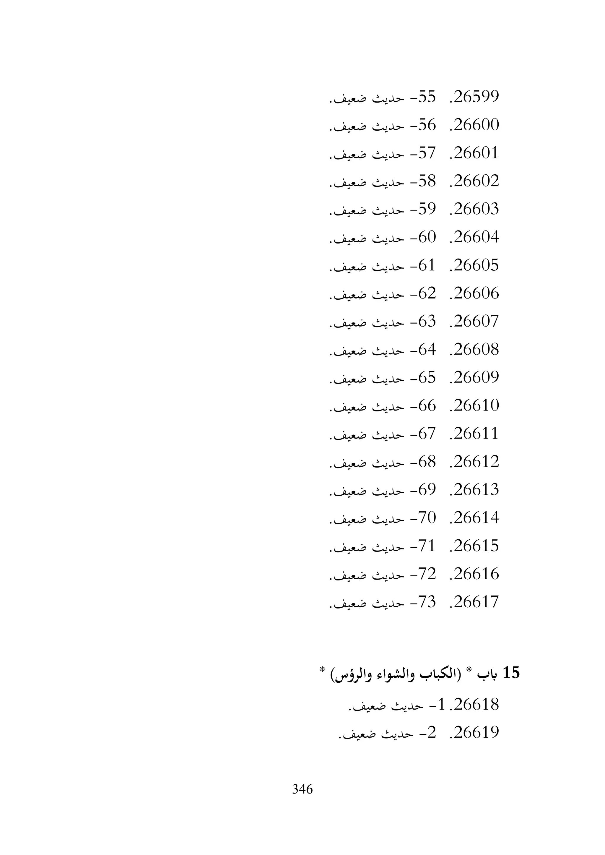 346
26599
.
55
-
.‫ضعيف‬ ‫حديث‬
26600
.
56
-
.‫ضعيف‬ ‫حديث‬
26601
.
57
-
.‫ضعيف‬ ‫حديث‬
26602
.
58
-
.‫ضعيف‬ ‫حديث‬
26603
.
59
-
.‫ضعيف‬ ‫حديث‬
26604
.
60
-
.‫ضعيف‬ ‫حديث‬
26605
.
61
-
.‫ضعيف‬ ‫حديث‬
26606
.
62
-
.‫ضعيف‬ ‫حديث‬
26607
.
63
-
.‫ضعيف‬ ‫حديث‬
26608
.
64
-
.‫ضعيف‬ ‫حديث‬
26609
.
65
-
.‫ضعيف‬ ‫حديث‬
26610
.
66
-
.‫ضعيف‬ ‫حديث‬
26611
.
67
-
.‫ضعيف‬ ‫حديث‬
26612
.
68
-
.‫ضعيف‬ ‫حديث‬
26613
.
69
-
.‫ضعيف‬ ‫حديث‬
26614
.
70
-
.‫ضعيف‬ ‫حديث‬
26615
.
71
-
.‫ضعيف‬ ‫حديث‬
26616
.
72
-
.‫ضعيف‬ ‫حديث‬
26617
.
73
-
.‫ضعيف‬ ‫حديث‬
15
* )‫والرؤس‬ ‫والشواء‬ ‫(الكباب‬ * ‫ابب‬
26618
.
1
-
.‫ضعيف‬ ‫حديث‬
26619
.
2
-
.‫ضعيف‬ ‫حديث‬
 