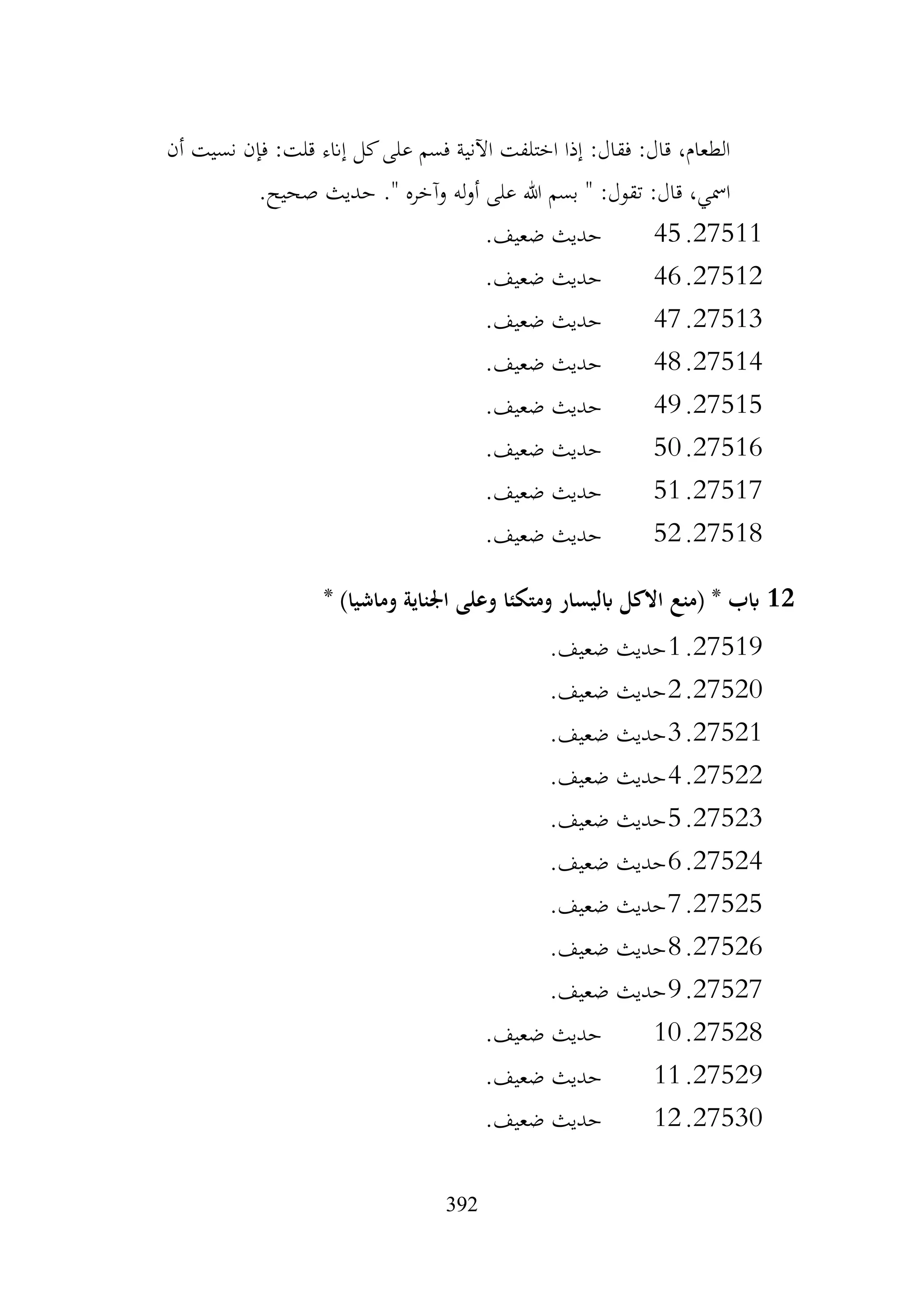 392
‫أن‬ ‫نسيت‬ ‫فإن‬ :‫قلت‬ ‫إانء‬ ‫كل‬‫على‬ ‫فسم‬ ‫اآلنية‬ ‫اختلفت‬ ‫إذا‬ :‫فقال‬ :‫قال‬ ،‫الطعام‬
.‫صحيح‬ ‫حديث‬ ." ‫وآخره‬ ‫له‬‫و‬‫أ‬ ‫على‬ ‫هللا‬ ‫بسم‬ " :‫تقول‬ :‫قال‬ ،‫امسي‬
27511
.
45
.‫ضعيف‬ ‫حديث‬
27512
.
46
.‫ضعيف‬ ‫حديث‬
27513
.
47
.‫ضعيف‬ ‫حديث‬
27514
.
48
.‫ضعيف‬ ‫حديث‬
27515
.
49
.‫ضعيف‬ ‫حديث‬
27516
.
50
.‫ضعيف‬ ‫حديث‬
27517
.
51
.‫ضعيف‬ ‫حديث‬
27518
.
52
.‫ضعيف‬ ‫حديث‬
12
* )‫وماشيا‬ ‫اجلناية‬ ‫وعلى‬ ‫ومتكئا‬ ‫ابليسار‬ ‫االكل‬ ‫(منع‬ * ‫ابب‬
27519
.
1
.‫ضعيف‬ ‫حديث‬
27520
.
2
.‫ضعيف‬ ‫حديث‬
27521
.
3
.‫ضعيف‬ ‫حديث‬
27522
.
4
.‫ضعيف‬ ‫حديث‬
27523
.
5
.‫ضعيف‬ ‫حديث‬
27524
.
6
.‫ضعيف‬ ‫حديث‬
27525
.
7
‫حديث‬
.‫ضعيف‬
27526
.
8
.‫ضعيف‬ ‫حديث‬
27527
.
9
.‫ضعيف‬ ‫حديث‬
27528
.
10
.‫ضعيف‬ ‫حديث‬
27529
.
11
.‫ضعيف‬ ‫حديث‬
27530
.
12
.‫ضعيف‬ ‫حديث‬
 