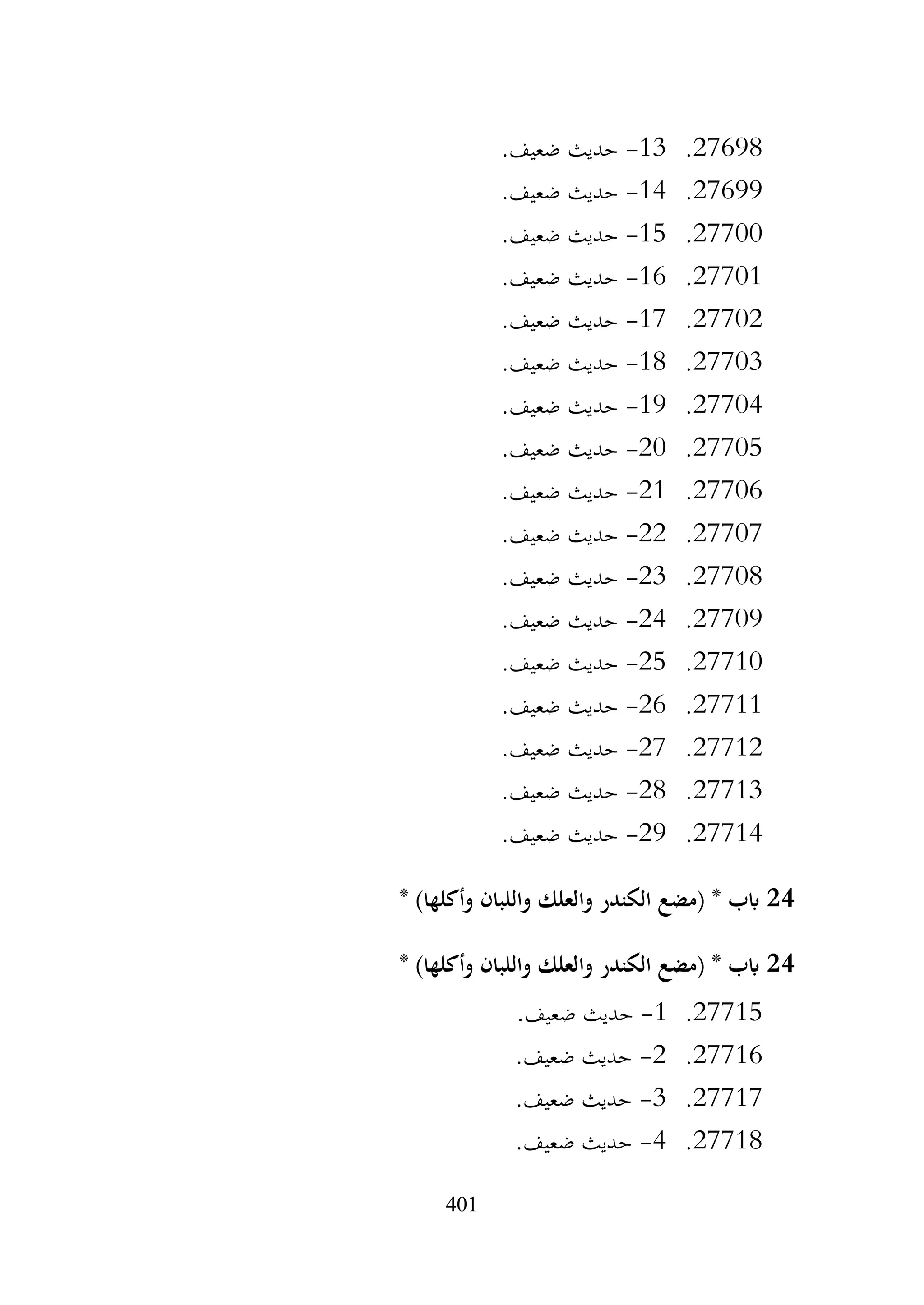 401
27698
.
13
-
.‫ضعيف‬ ‫حديث‬
27699
.
14
-
.‫ضعيف‬ ‫حديث‬
27700
.
15
-
.‫ضعيف‬ ‫حديث‬
27701
.
16
-
.‫ضعيف‬ ‫حديث‬
27702
.
17
-
.‫ضعيف‬ ‫حديث‬
27703
.
18
-
.‫ضعيف‬ ‫حديث‬
27704
.
19
-
.‫ضعيف‬ ‫حديث‬
27705
.
20
-
.‫ضعيف‬ ‫حديث‬
27706
.
21
-
.‫ضعيف‬ ‫حديث‬
27707
.
22
-
.‫ضعيف‬ ‫حديث‬
27708
.
23
-
.‫ضعيف‬ ‫حديث‬
27709
.
24
-
.‫ضعيف‬ ‫حديث‬
27710
.
25
-
.‫ضعيف‬ ‫حديث‬
27711
.
26
-
.‫ضعيف‬ ‫حديث‬
27712
.
27
-
.‫ضعيف‬ ‫حديث‬
27713
.
28
-
.‫ضعيف‬ ‫حديث‬
27714
.
29
-
.‫ضعيف‬ ‫حديث‬
24
* )‫وأكلها‬ ‫واللبان‬ ‫والعلك‬ ‫الكندر‬ ‫(مضع‬ * ‫ابب‬
24
* )‫وأكلها‬ ‫واللبان‬ ‫والعلك‬ ‫الكندر‬ ‫(مضع‬ * ‫ابب‬
27715
.
1
-
.‫ضعيف‬ ‫حديث‬
27716
.
2
-
.‫ضعيف‬ ‫حديث‬
27717
.
3
-
.‫ضعيف‬ ‫حديث‬
27718
.
4
-
.‫ضعيف‬ ‫حديث‬
 