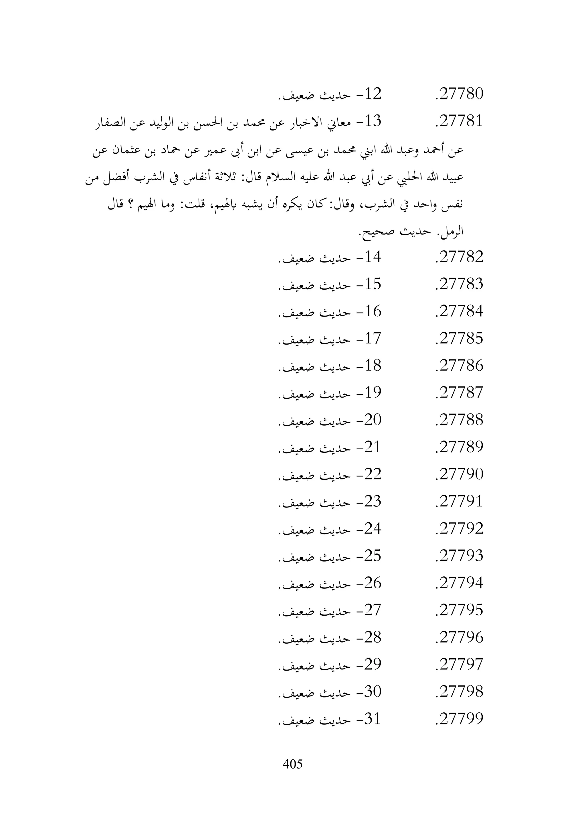 405
27780
.
12
-
.‫ضعيف‬ ‫حديث‬
27781
.
13
-
‫الصفار‬ ‫عن‬ ‫ليد‬‫و‬‫ال‬ ‫بن‬ ‫احلسن‬ ‫بن‬ ‫حممد‬ ‫عن‬ ‫االخبار‬ ‫معاين‬
‫عن‬ ‫عثمان‬ ‫بن‬ ‫محاد‬ ‫عن‬ ‫عمري‬ ‫أىب‬ ‫ابن‬ ‫عن‬ ‫عيسى‬ ‫بن‬ ‫حممد‬ ‫ابين‬ ‫هللا‬ ‫وعبد‬ ‫أمحد‬ ‫عن‬
‫من‬ ‫أفضل‬ ‫الشرب‬ ‫يف‬ ‫أنفاس‬ ‫ثالثة‬ :‫قال‬ ‫السالم‬ ‫عليه‬ ‫هللا‬ ‫عبد‬ ‫أيب‬ ‫عن‬ ‫احلليب‬ ‫هللا‬ ‫عبيد‬
‫قل‬ ،‫ابهليم‬ ‫يشبه‬ ‫أن‬ ‫يكره‬ ‫كان‬:‫وقال‬ ،‫الشرب‬ ‫يف‬ ‫احد‬‫و‬ ‫نفس‬
‫ت‬
:
‫قال‬ ‫؟‬ ‫اهليم‬ ‫وما‬
.‫صحيح‬ ‫حديث‬ .‫الرمل‬
27782
.
14
-
.‫ضعيف‬ ‫حديث‬
27783
.
15
-
.‫ضعيف‬ ‫حديث‬
27784
.
16
-
.‫ضعيف‬ ‫حديث‬
27785
.
17
-
.‫ضعيف‬ ‫حديث‬
27786
.
18
-
.‫ضعيف‬ ‫حديث‬
27787
.
19
-
.‫ضعيف‬ ‫حديث‬
27788
.
20
-
.‫ضعيف‬ ‫حديث‬
27789
.
21
-
.‫ضعيف‬ ‫حديث‬
27790
.
22
-
.‫ضعيف‬ ‫حديث‬
27791
.
23
-
.‫ضعيف‬ ‫حديث‬
27792
.
24
-
.‫ضعيف‬ ‫حديث‬
27793
.
25
-
.‫ضعيف‬ ‫حديث‬
27794
.
26
-
.‫ضعيف‬ ‫حديث‬
27795
.
27
-
.‫ضعيف‬ ‫حديث‬
27796
.
28
-
.‫ضعيف‬ ‫حديث‬
27797
.
29
-
.‫ضعيف‬ ‫حديث‬
27798
.
30
-
.‫ضعيف‬ ‫حديث‬
27799
.
31
-
.‫ضعيف‬ ‫حديث‬
 