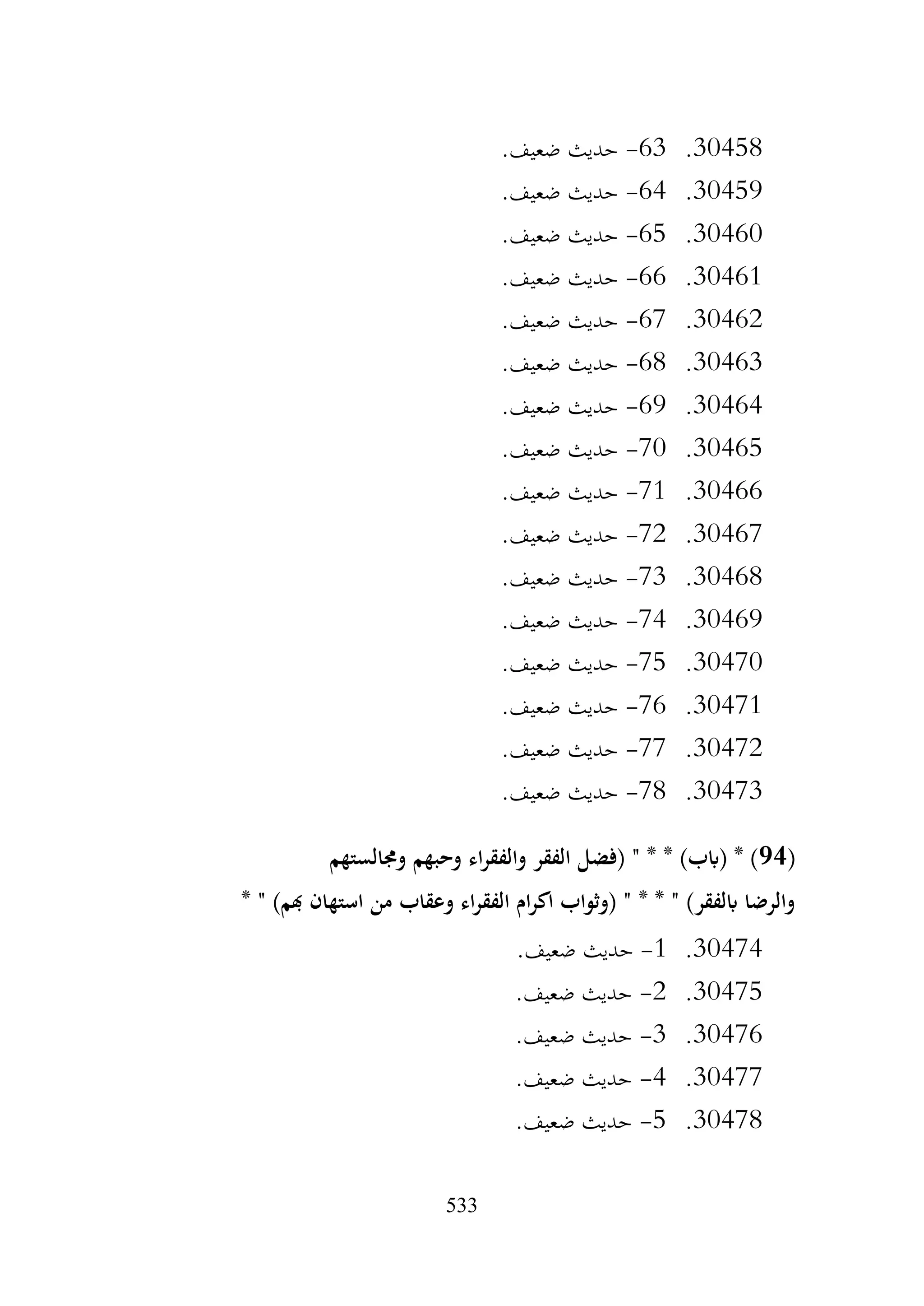 533
30458
.
63
-
.‫ضعيف‬ ‫حديث‬
30459
.
64
-
.‫ضعيف‬ ‫حديث‬
30460
.
65
-
.‫ضعيف‬ ‫حديث‬
30461
.
66
-
.‫ضعيف‬ ‫حديث‬
30462
.
67
-
.‫ضعيف‬ ‫حديث‬
30463
.
68
-
.‫ضعيف‬ ‫حديث‬
30464
.
69
-
.‫ضعيف‬ ‫حديث‬
30465
.
70
-
‫حديث‬
.‫ضعيف‬
30466
.
71
-
.‫ضعيف‬ ‫حديث‬
30467
.
72
-
.‫ضعيف‬ ‫حديث‬
30468
.
73
-
.‫ضعيف‬ ‫حديث‬
30469
.
74
-
.‫ضعيف‬ ‫حديث‬
30470
.
75
-
.‫ضعيف‬ ‫حديث‬
30471
.
76
-
.‫ضعيف‬ ‫حديث‬
30472
.
77
-
.‫ضعيف‬ ‫حديث‬
30473
.
78
-
.‫ضعيف‬ ‫حديث‬
(
94
‫وجمالستهم‬ ‫وحبهم‬ ‫اء‬‫ر‬‫والفق‬ ‫الفقر‬ ‫(فضل‬ " * * )‫(ابب‬ * )
* " )‫هبم‬ ‫استهان‬ ‫من‬ ‫وعقاب‬ ‫اء‬‫ر‬‫الفق‬ ‫ام‬‫ر‬‫اك‬ ‫(وثواب‬ " * * " )‫ابلفقر‬ ‫والرضا‬
30474
.
1
-
.‫ضعيف‬ ‫حديث‬
30475
.
2
-
.‫ضعيف‬ ‫حديث‬
30476
.
3
-
.‫ضعيف‬ ‫حديث‬
30477
.
4
-
.‫ضعيف‬ ‫حديث‬
30478
.
5
-
.‫ضعيف‬ ‫حديث‬
 