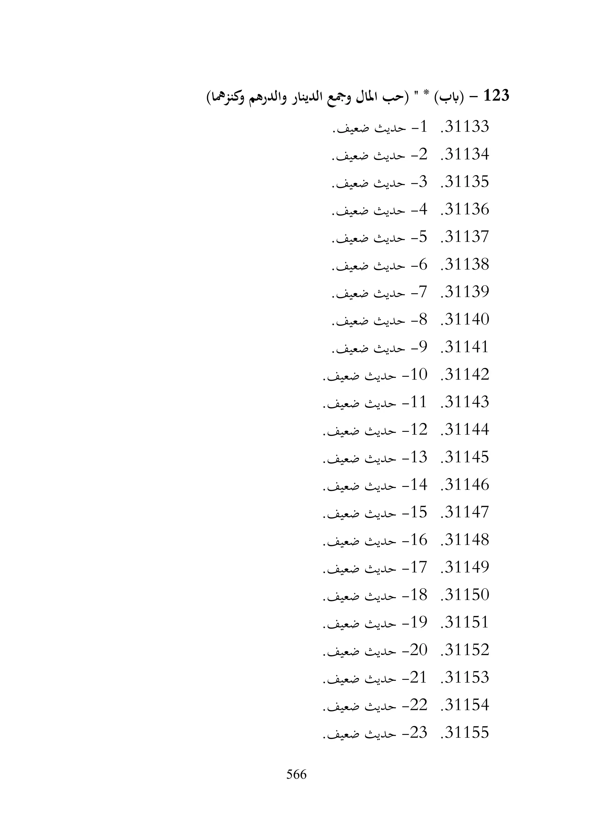 566
123
-
)‫كنزمها‬
‫و‬ ‫والدرهم‬ ‫الدينار‬ ‫ومجع‬ ‫املال‬ ‫(حب‬ " * )‫(ابب‬
31133
.
1
-
.‫ضعيف‬ ‫حديث‬
31134
.
2
-
.‫ضعيف‬ ‫حديث‬
31135
.
3
-
.‫ضعيف‬ ‫حديث‬
31136
.
4
-
.‫ضعيف‬ ‫حديث‬
31137
.
5
-
.‫ضعيف‬ ‫حديث‬
31138
.
6
-
.‫ضعيف‬ ‫حديث‬
31139
.
7
-
.‫ضعيف‬ ‫حديث‬
31140
.
8
-
.‫ضعيف‬ ‫حديث‬
31141
.
9
-
.‫ضعيف‬ ‫حديث‬
31142
.
10
-
.‫ضعيف‬ ‫حديث‬
31143
.
11
-
.‫ضعيف‬ ‫حديث‬
31144
.
12
-
.‫ضعيف‬ ‫حديث‬
31145
.
13
-
.‫ضعيف‬ ‫حديث‬
31146
.
14
-
.‫ضعيف‬ ‫حديث‬
31147
.
15
-
.‫ضعيف‬ ‫حديث‬
31148
.
16
-
.‫ضعيف‬ ‫حديث‬
31149
.
17
-
.‫ضعيف‬ ‫حديث‬
31150
.
18
-
.‫ضعيف‬ ‫حديث‬
31151
.
19
-
.‫ضعيف‬ ‫حديث‬
31152
.
20
-
.‫ضعيف‬ ‫حديث‬
31153
.
21
-
.‫ضعيف‬ ‫حديث‬
31154
.
22
-
.‫ضعيف‬ ‫حديث‬
31155
.
23
-
.‫ضعيف‬ ‫حديث‬
 