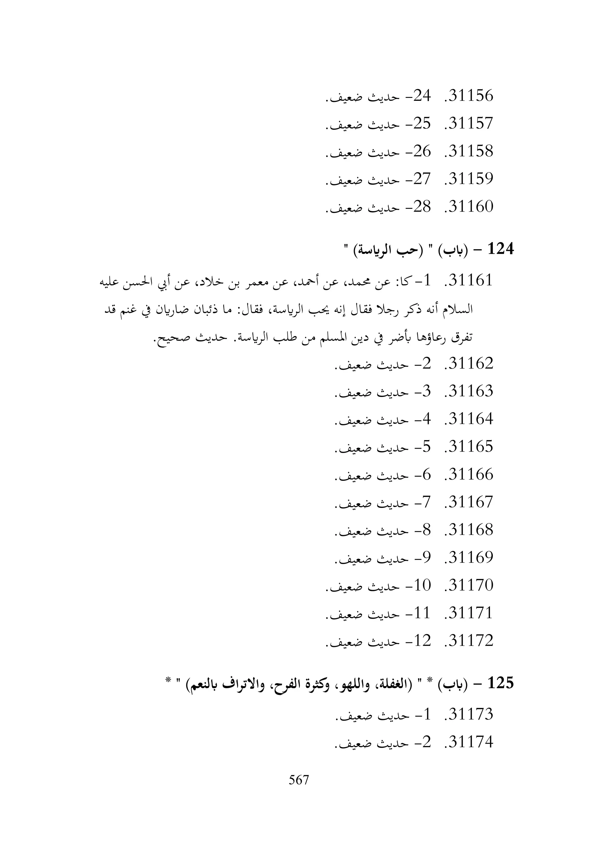 567
31156
.
24
-
.‫ضعيف‬ ‫حديث‬
31157
.
25
-
.‫ضعيف‬ ‫حديث‬
31158
.
26
-
.‫ضعيف‬ ‫حديث‬
31159
.
27
-
.‫ضعيف‬ ‫حديث‬
31160
.
28
-
.‫ضعيف‬ ‫حديث‬
124
-
" )‫الرايسة‬ ‫(حب‬ " )‫(ابب‬
31161
.
1
-
‫عليه‬ ‫احلسن‬ ‫أيب‬ ‫عن‬ ،‫خالد‬ ‫بن‬ ‫معمر‬ ‫عن‬ ،‫أمحد‬ ‫عن‬ ،‫حممد‬ ‫عن‬ :‫كا‬
‫فقال‬ ‫رجال‬ ‫ذكر‬ ‫أنه‬ ‫السالم‬
‫قد‬ ‫غنم‬ ‫يف‬ ‫اين‬‫ر‬‫ضا‬ ‫ذئبان‬ ‫ما‬ :‫فقال‬ ،‫ايسة‬‫ر‬‫ال‬ ‫حيب‬ ‫إنه‬
.‫صحيح‬ ‫حديث‬ .‫ايسة‬‫ر‬‫ال‬ ‫طلب‬ ‫من‬ ‫املسلم‬ ‫دين‬ ‫يف‬ ‫أبضر‬ ‫رعاؤها‬ ‫تفرق‬
31162
.
2
-
.‫ضعيف‬ ‫حديث‬
31163
.
3
-
.‫ضعيف‬ ‫حديث‬
31164
.
4
-
.‫ضعيف‬ ‫حديث‬
31165
.
5
-
.‫ضعيف‬ ‫حديث‬
31166
.
6
-
.‫ضعيف‬ ‫حديث‬
31167
.
7
-
.‫ضعيف‬ ‫حديث‬
31168
.
8
-
.‫ضعيف‬ ‫حديث‬
31169
.
9
-
.‫ضعيف‬ ‫حديث‬
31170
.
10
-
.‫ضعيف‬ ‫حديث‬
31171
.
11
-
.‫ضعيف‬ ‫حديث‬
31172
.
12
-
.‫ضعيف‬ ‫حديث‬
125
-
* " )‫ابلنعم‬ ‫اف‬‫ر‬‫واالت‬ ،‫الفرح‬ ‫كثرة‬
‫و‬ ،‫واللهو‬ ،‫(الغفلة‬ " * )‫(ابب‬
31173
.
1
-
.‫ضعيف‬ ‫حديث‬
31174
.
2
-
.‫ضعيف‬ ‫حديث‬
 
