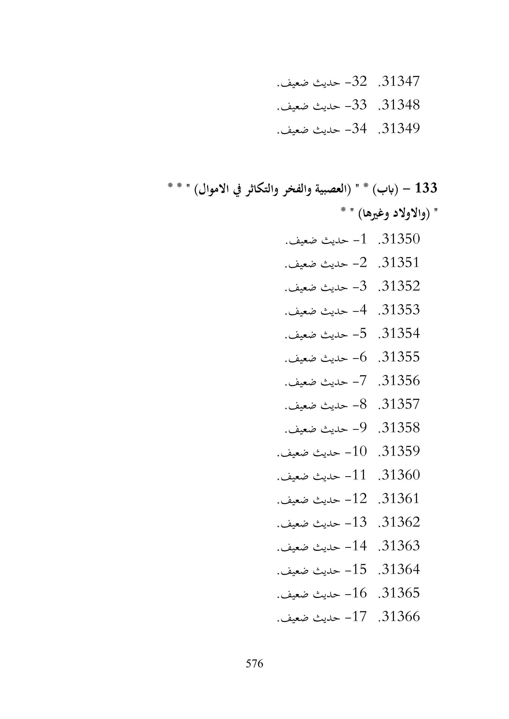 576
31347
.
32
-
.‫ضعيف‬ ‫حديث‬
31348
.
33
-
.‫ضعيف‬ ‫حديث‬
31349
.
34
-
.‫ضعيف‬ ‫حديث‬
133
-
* * " )‫االموال‬ ‫يف‬ ‫والتكاثر‬ ‫والفخر‬ ‫(العصبية‬ " * )‫(ابب‬
* " )‫وغريها‬ ‫(واالوالد‬ "
31350
.
1
-
.‫ضعيف‬ ‫حديث‬
31351
.
2
-
.‫ضعيف‬ ‫حديث‬
31352
.
3
-
.‫ضعيف‬ ‫حديث‬
31353
.
4
-
.‫ضعيف‬ ‫حديث‬
31354
.
5
-
.‫ضعيف‬ ‫حديث‬
31355
.
6
-
.‫ضعيف‬ ‫حديث‬
31356
.
7
-
.‫ضعيف‬ ‫حديث‬
31357
.
8
-
.‫ضعيف‬ ‫حديث‬
31358
.
9
-
.‫ضعيف‬ ‫حديث‬
31359
.
10
-
.‫ضعيف‬ ‫حديث‬
31360
.
11
-
.‫ضعيف‬ ‫حديث‬
31361
.
12
-
.‫ضعيف‬ ‫حديث‬
31362
.
13
-
.‫ضعيف‬ ‫حديث‬
31363
.
14
-
.‫ضعيف‬ ‫حديث‬
31364
.
15
-
.‫ضعيف‬ ‫حديث‬
31365
.
16
-
.‫ضعيف‬ ‫حديث‬
31366
.
17
-
.‫ضعيف‬ ‫حديث‬
 