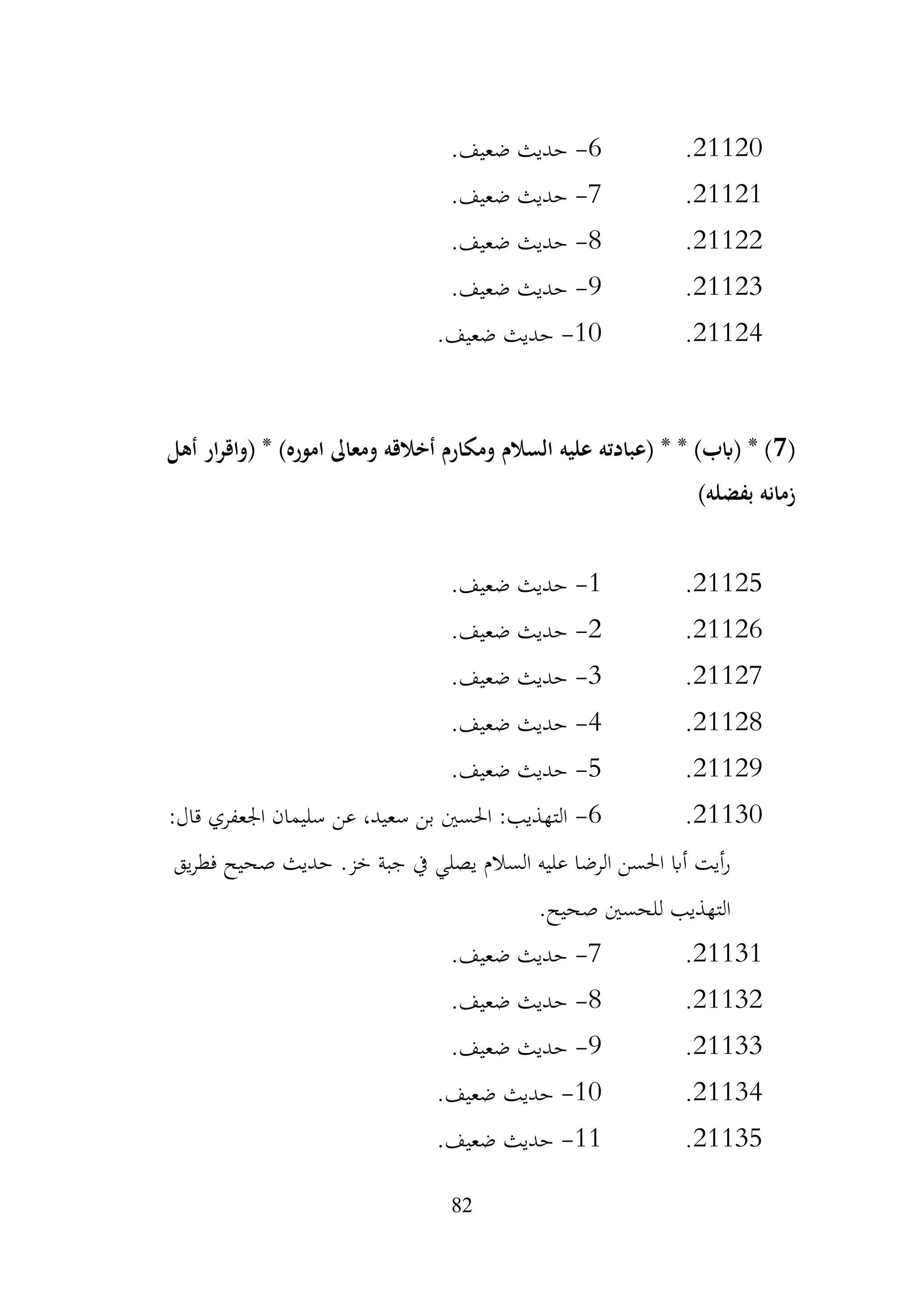 82
21120
.
6
-
.‫ضعيف‬ ‫حديث‬
21121
.
7
-
.‫ضعيف‬ ‫حديث‬
21122
.
8
-
‫حديث‬
.‫ضعيف‬
21123
.
9
-
.‫ضعيف‬ ‫حديث‬
21124
.
10
-
.‫ضعيف‬ ‫حديث‬
(
7
‫أهل‬ ‫ار‬‫ر‬‫(واق‬ * )‫اموره‬ ‫ومعاىل‬ ‫أخالقه‬ ‫ومكارم‬ ‫السالم‬ ‫عليه‬ ‫(عبادته‬ * * )‫(ابب‬ * )
)‫بفضله‬ ‫زمانه‬
21125
.
1
-
.‫ضعيف‬ ‫حديث‬
21126
.
2
-
.‫ضعيف‬ ‫حديث‬
21127
.
3
-
.‫ضعيف‬ ‫حديث‬
21128
.
4
-
.‫ضعيف‬ ‫حديث‬
21129
.
5
-
.‫ضعيف‬ ‫حديث‬
21130
.
6
-
‫سليمان‬ ‫عن‬ ،‫سعيد‬ ‫بن‬ ‫احلسني‬ :‫التهذيب‬
:‫قال‬ ‫اجلعفري‬
‫يق‬‫ر‬‫فط‬ ‫صحيح‬ ‫حديث‬ .‫خز‬ ‫جبة‬ ‫يف‬ ‫يصلي‬ ‫السالم‬ ‫عليه‬ ‫الرضا‬ ‫احلسن‬ ‫أاب‬ ‫أيت‬‫ر‬
.‫صحيح‬ ‫للحسني‬ ‫التهذيب‬
21131
.
7
-
.‫ضعيف‬ ‫حديث‬
21132
.
8
-
.‫ضعيف‬ ‫حديث‬
21133
.
9
-
.‫ضعيف‬ ‫حديث‬
21134
.
10
-
.‫ضعيف‬ ‫حديث‬
21135
.
11
-
.‫ضعيف‬ ‫حديث‬
 