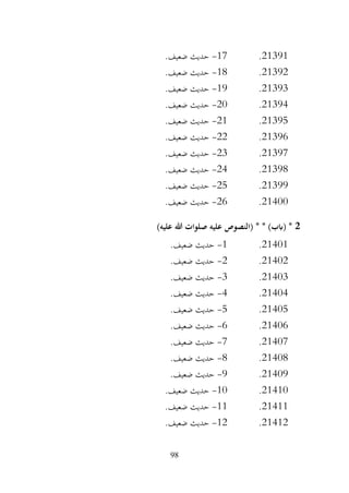 98
21391
.
17
-
.‫ضعيف‬ ‫حديث‬
21392
.
18
-
.‫ضعيف‬ ‫حديث‬
21393
.
19
-
.‫ضعيف‬ ‫حديث‬
21394
.
20
-
.‫ضعيف‬ ‫حديث‬
21395
.
21
-
.‫ضعيف‬ ‫حديث‬
21396
.
22
-
.‫ضعيف‬ ‫حديث‬
21397
.
23
-
.‫ضعيف‬ ‫حديث‬
21398
.
24
-
.‫ضعيف‬ ‫حديث‬
21399
.
25
-
.‫ضعيف‬ ‫حديث‬
21400
.
26
-
.‫ضعيف‬ ‫حديث‬
2
)‫عليه‬ ‫هللا‬ ‫صلوات‬ ‫عليه‬ ‫(النصوص‬ * * )‫(ابب‬ *
21401
.
1
-
.‫ضعيف‬ ‫حديث‬
21402
.
2
-
.‫ضعيف‬ ‫حديث‬
21403
.
3
-
.‫ضعيف‬ ‫حديث‬
21404
.
4
-
.‫ضعيف‬ ‫حديث‬
21405
.
5
-
‫حديث‬
.‫ضعيف‬
21406
.
6
-
.‫ضعيف‬ ‫حديث‬
21407
.
7
-
.‫ضعيف‬ ‫حديث‬
21408
.
8
-
.‫ضعيف‬ ‫حديث‬
21409
.
9
-
.‫ضعيف‬ ‫حديث‬
21410
.
10
-
.‫ضعيف‬ ‫حديث‬
21411
.
11
-
.‫ضعيف‬ ‫حديث‬
21412
.
12
-
.‫ضعيف‬ ‫حديث‬
 